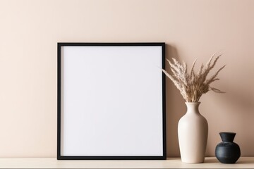 Empty horizontal frame mockup in modern minimalist interior with plant in trendy vase on beige wall background. Template for artwork, painting, photo or poster. Generative AI