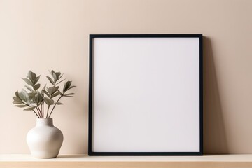 Fototapeta na wymiar Empty horizontal frame mockup in modern minimalist interior with plant in trendy vase on beige wall background. Template for artwork, painting, photo or poster. Generative AI