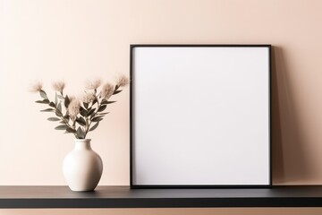 Fototapeta na wymiar Empty horizontal frame mockup in modern minimalist interior with plant in trendy vase on beige wall background. Template for artwork, painting, photo or poster. Generative AI