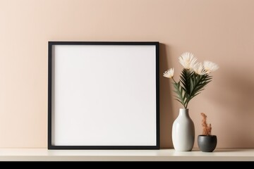 Empty horizontal frame mockup in modern minimalist interior with plant in trendy vase on beige wall background. Template for artwork, painting, photo or poster. Generative AI