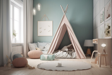 Minimalist Nordic Style Children Room with Canopy Bed, Generative AI	
