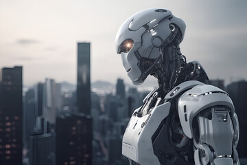 Artificial intelligence, robot thinking about world, looking at the city. Futuristic concept.