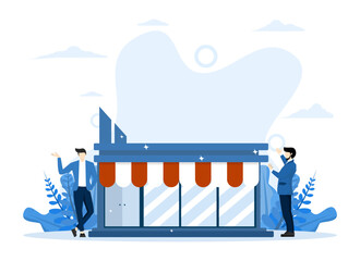 open store front or online store front concept, Business owner and entrepreneur starting small business or retail shop, confident entrepreneur standing by opening his new company or shop front.