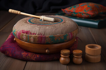 Tibetan singing copper bowl with a wooden clapper, objects for meditation and alternative medicine. Created with generative AI tools.