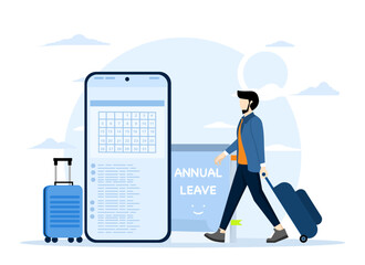 Annual leave concept, day off or vacation to rest and relax from hard work, time reminder, happy businessman walking with luggage from calendar with notes on annual leave.