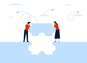 The concept of cooperation in business. Team metaphor. people connecting puzzle elements. Vector illustration flat design style. Symbol of teamwork, cooperation, partnership.