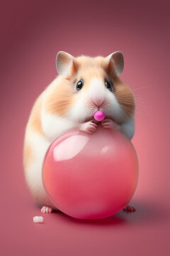 Funny hamster isolated on colorful background with chewing gum bubble. Created with generative AI tools.
