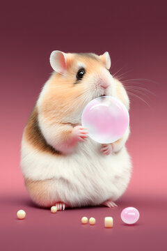 Funny hamster isolated on colorful background with chewing gum bubble. Created with generative AI tools.