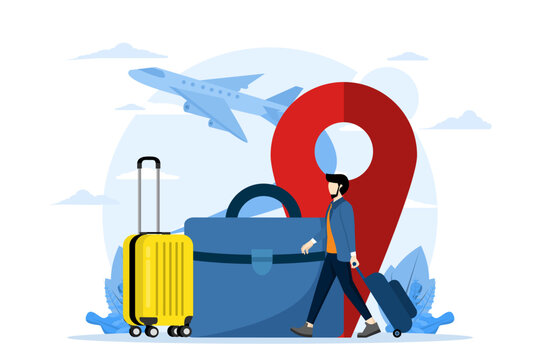 Business or tourism travel concept, work on the go. Business traveler in airport departure area waiting for flight. Vector illustration of business trip.
