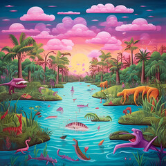Sunset at jungle with animals. AI Generated.