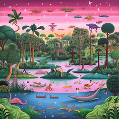 Sunset at jungle with animals. AI Generated.