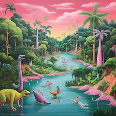 Sunset at jungle with animals. AI Generated.