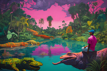 Acid trip. Man living with dinosaurs in jungle. AI Generated