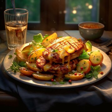Grilled Chicken Breasts With Melted Cheese and Sauteed Potatoes Generative AI