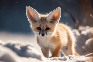 Stunning focus shot of cute Fennec fox on the snow, generative Ai image