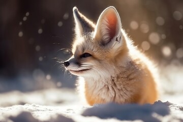 Cute Baby Fennec jumping on the white snow, Generative Ai