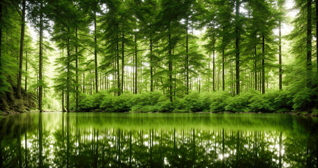 Fototapeta na wymiar Serene pond nestled amongst towering pine trees, with their reflections creating a mesmerizing and ethereal scene. Generative AI