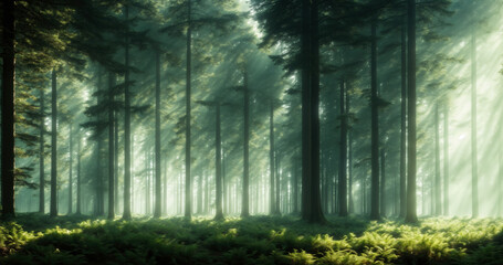 Mesmerizing image of a misty forest, with tall pine trees and beams of light piercing through the canopy, creating an eerie and mysterious atmosphere. Generative AI