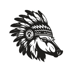 wild boar indian, vintage logo line art concept black and white color, hand drawn illustration