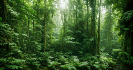 Mystical rainforest with towering trees and lush vegetation, creating an immersive experience of nature's serenity. Generative AI