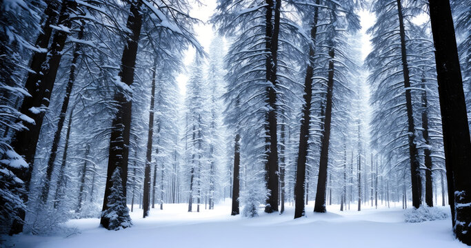A pristine winter wonderland awaits on this snow-covered cross country skiing trail amidst towering pine trees. landscape photography, Generative AI