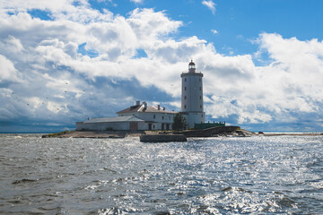 Tolbukhin island lighthouse, Saint-Petersburg, Kronstadt, Gulf of Finland view, Russia in a summer sunny day, lighthouses of Russia travel