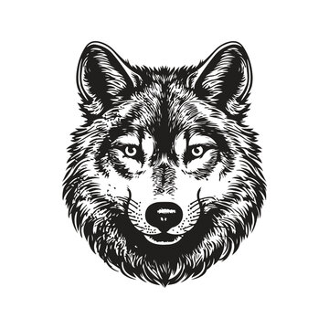 wolf, vintage logo line art concept black and white color, hand drawn illustration
