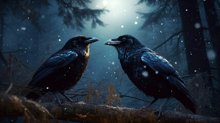 crows in the deep forest dark sky full of shiny stars. AI Generative