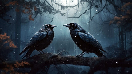 crows in the deep forest dark sky full of shiny stars. AI Generative