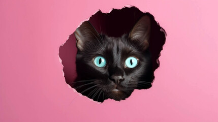 cat through ripped paper. Funny cat looks through ripped hole in pink paper. AI Generative