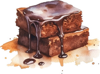 pieces of chocolate brownie drawing by watercolor, hand drawn artistic painting illustration. Generative AI.