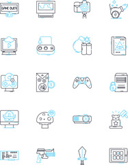 Electronic gaming industry linear icons set. Gaming, Console, PC, Mobile, Virtual, Esports, Online line vector and concept signs. Shooter,Role-playing,Simulation outline illustrations