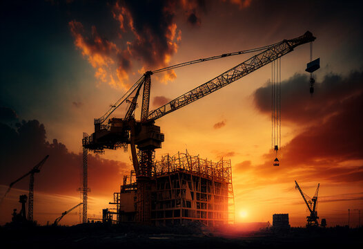 Construction cranes silhouetted against the late evening sunset. Generative Ai.