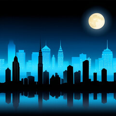 City skyline at night with a full moon - generative ai