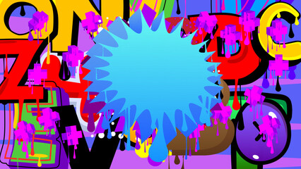 Blue Speech Bubble Graffiti with purple elements on abstract Background. Urban painting style backdrop. Busy discussion symbol in modern dirty street art decoration.