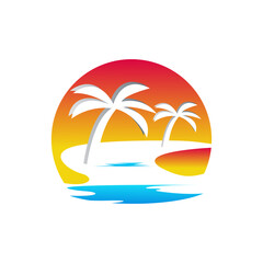Sunset palm beach logo, tropical paradise vacation