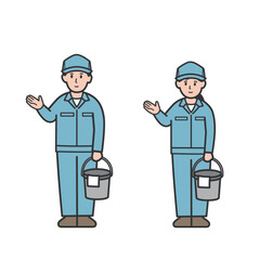 バケツを持って案内する清掃員のイラスト