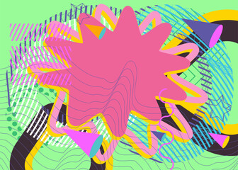 Obraz premium Busy explosion geometric shapes background. Abstract vintage random geometry template. Simple vibrant colors geometrical graphic art poster.