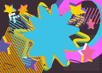 Busy explosion geometric shapes background. Abstract vintage random geometry template. Simple vibrant colors geometrical graphic art poster.