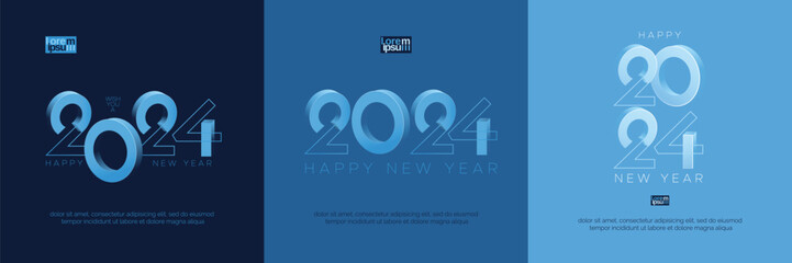 Happy new year 2024 greeting concept square template. Set of 2024 new year with unique 3D number on blue background
