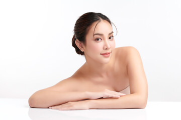 Obraz premium Beautiful young asian woman with clean fresh skin on white background, Face care, Facial treatment, Cosmetology, beauty and spa, Asian women portrait.