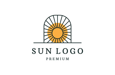 Sunrise icon. Sunshine line art emblem. Elegant sunset landscape label.