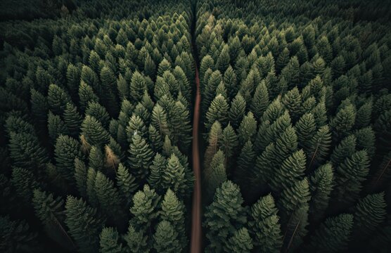 Top view of green forest landscape wallpaper art. Aerial nature scene of pine trees and asphalt road banner design. Countryside path trough coniferous wood form above. Generative Ai. © Kowit