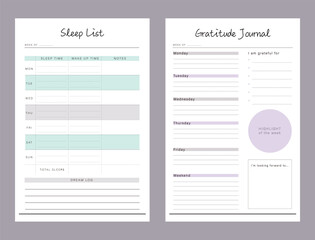 Sleep Planner and Gratitude Journal. Minimalist planner template set. Vector illustration.	