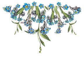 Rim with watercolor forget - me - not on white background. Spring and summer flower for sticker or sketchbook and card. Hand-drawn border for wallpaper or wrapping. Vintage romantic element for frame