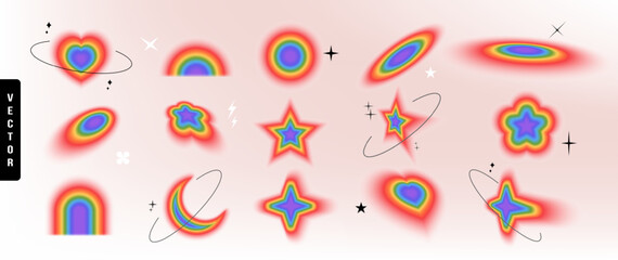 Obraz premium Set of rainbow colors gradient blurred decorated with lines and sparkle in y2k style different shape vector illustration.
