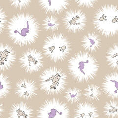 seamless repeat pattern with cute beige and purple dinosaurs on a khaki background with white sparked spots perfect for fabric, scrap booking, wallpaper, gift wrap projects