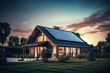 Fototapeta premium home with solar panels on the roof at sunset , ideal for sustainable energies backgrounds, generative AI