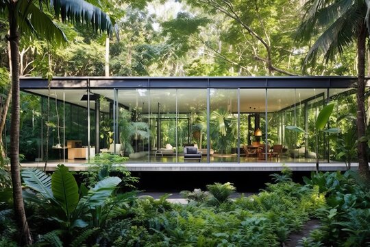 A Contemporary glass building completely transparent surrounded by a tropical garden, generative AI