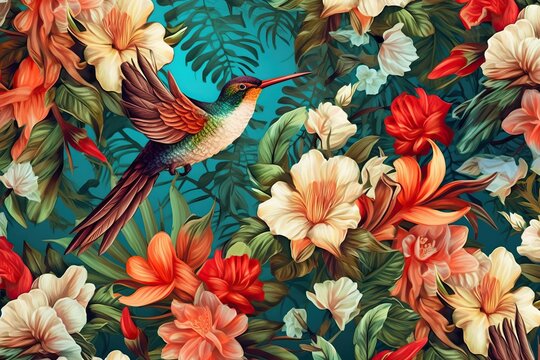 Exotic tropical aesthetic pattern with macaws and flowers in bright colors and lush vegetation, generative AI
